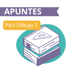 Ilustración de dos libros con un dibujo de una escuadra con el texto 'apuntes PAU Dibujo Técnico', representando recursos para el curso de preparación para la PAU de dibujo técnico.