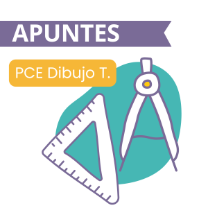 Ilustración de una escuadra y un compás con la palabra 'apuntes PCE Dibujo'