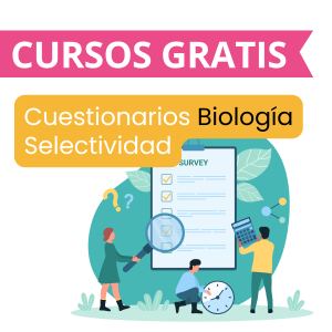 Banner promocional de un curso gratuito de cuestionarios de Biología para Selectividad. El diseño incluye un título en rosa que dice 'CURSOS GRATIS' y un recuadro amarillo con el texto 'Cuestionarios Biología Selectividad'. En la imagen, hay personas interactuando con una gran lista de verificación y símbolos relacionados con el aprendizaje.