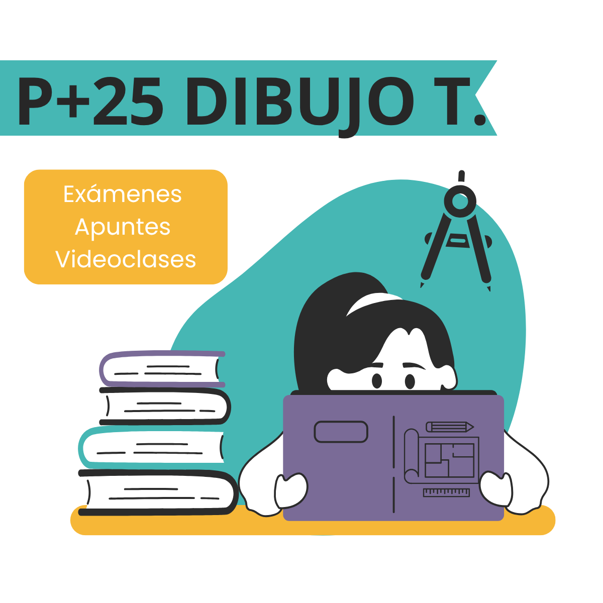 Ilustración de estudiante con tablet y compás, representando el curso online de Dibujo Técnico para la Prueba de Acceso a la Universidad +25