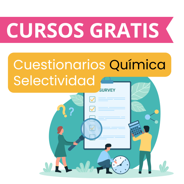 Banner promocional de un curso gratuito de cuestionarios de química para Selectividad. El diseño incluye un título en rosa que dice 'CURSOS GRATIS' y un recuadro amarillo con el texto 'Cuestionarios química Selectividad'. En la imagen, hay personas interactuando con una gran lista de verificación y símbolos relacionados con el aprendizaje.