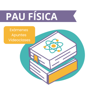 Ilustración con libros y un átomo dibujado en la portada, representando el curso online de Física para la Selectividad PAU